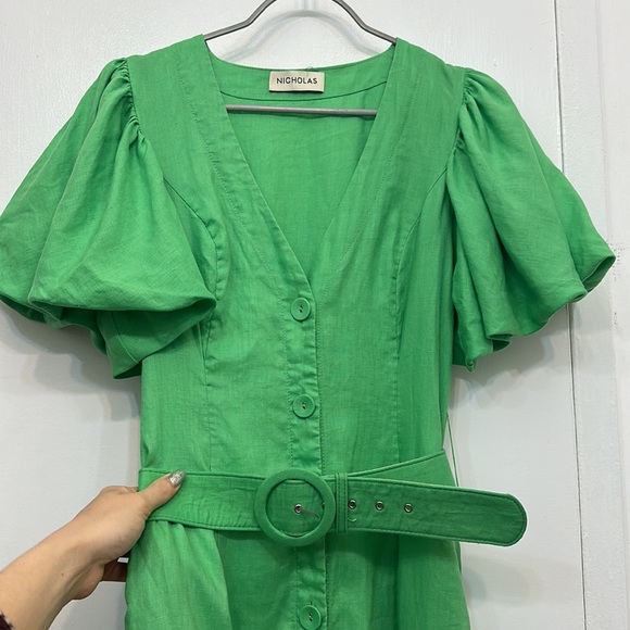 NICHOLAS Troy Dress Green Linen Midi Button Front Puff Sleeves US 4 Small - Picture 14 of 16